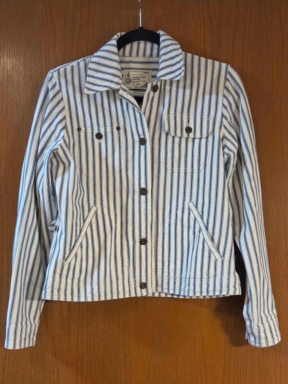 Lauren Denim Company- Ralph Lauren White Denim Jacket with Blue Stripes- Size L